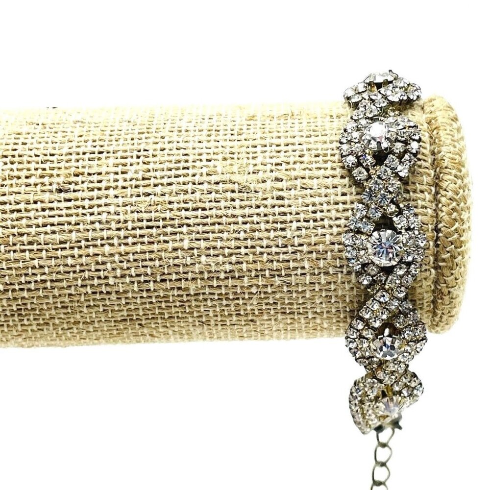 Vintage Rhinestone Braided Bracelet Silver Tone Glam Bling Sparkle Holiday READ